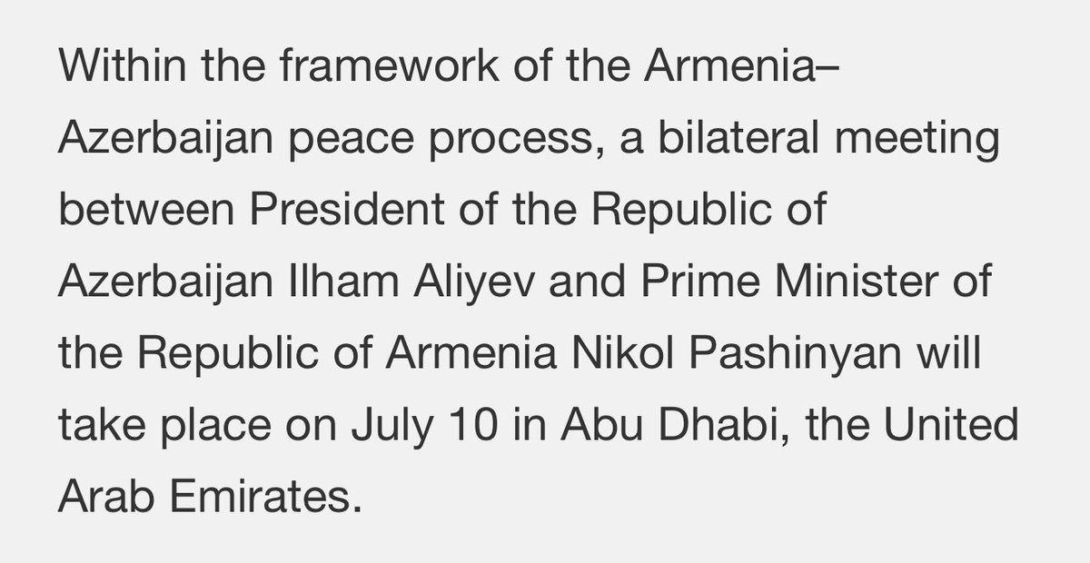 Long anticipated Aliyev - Pashinyan meeting will take place tomorrow in UAE. 🇦🇿🇦🇲 the meeting comes as a result of direct bilateral negotiations that has been in happening following the end of Karabakh war to find lasting solutions to the decades long conflict.