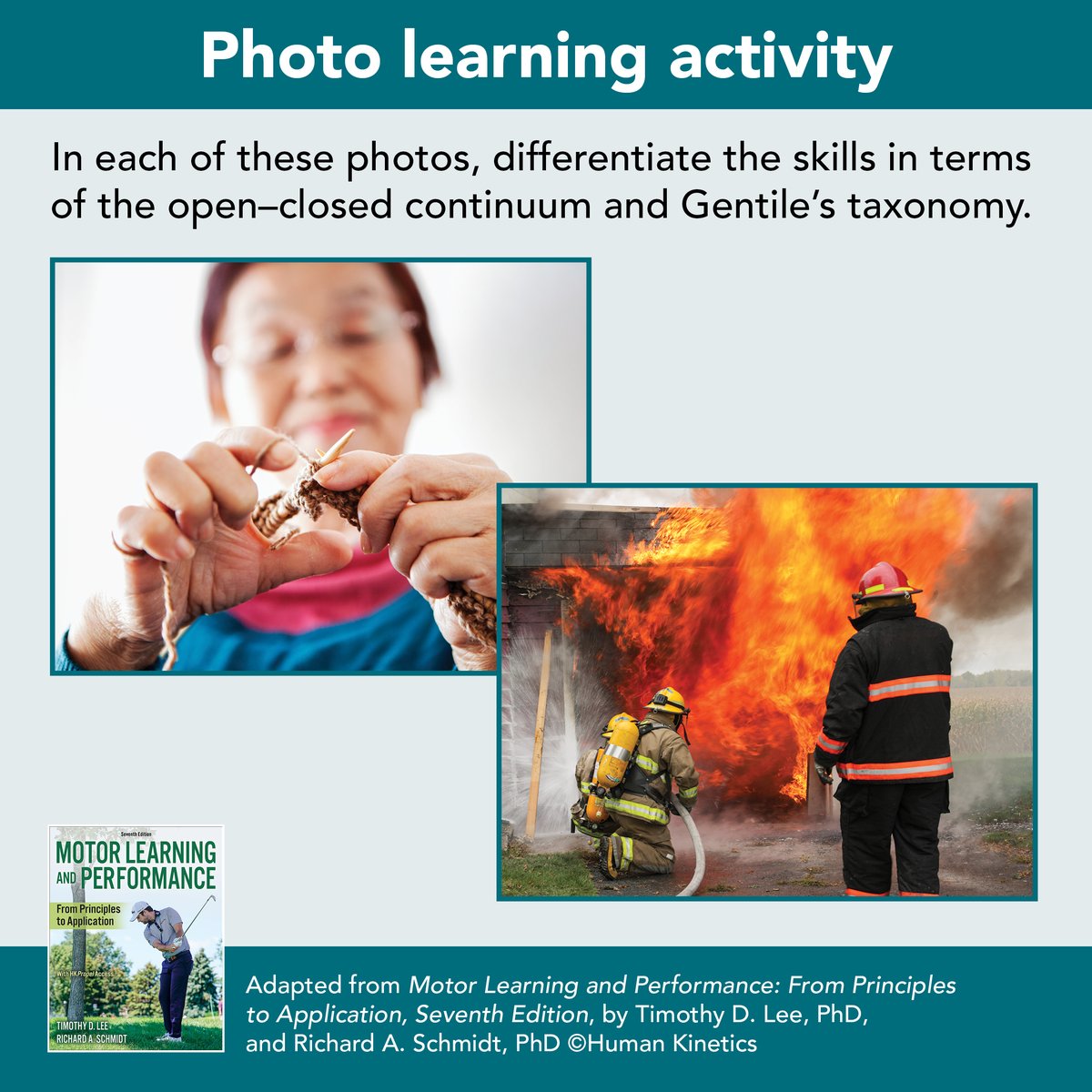 HumanKineticsEU's tweet image. Check out a photo learning activity from the new edition of Motor Learning and Performance!

In each of these photos, differentiate the skills in terms of the open–closed continuum and Gentile’s taxonomy. 

Learn more:

➡️ bit.ly/3S8k7fY

#MotorLearning