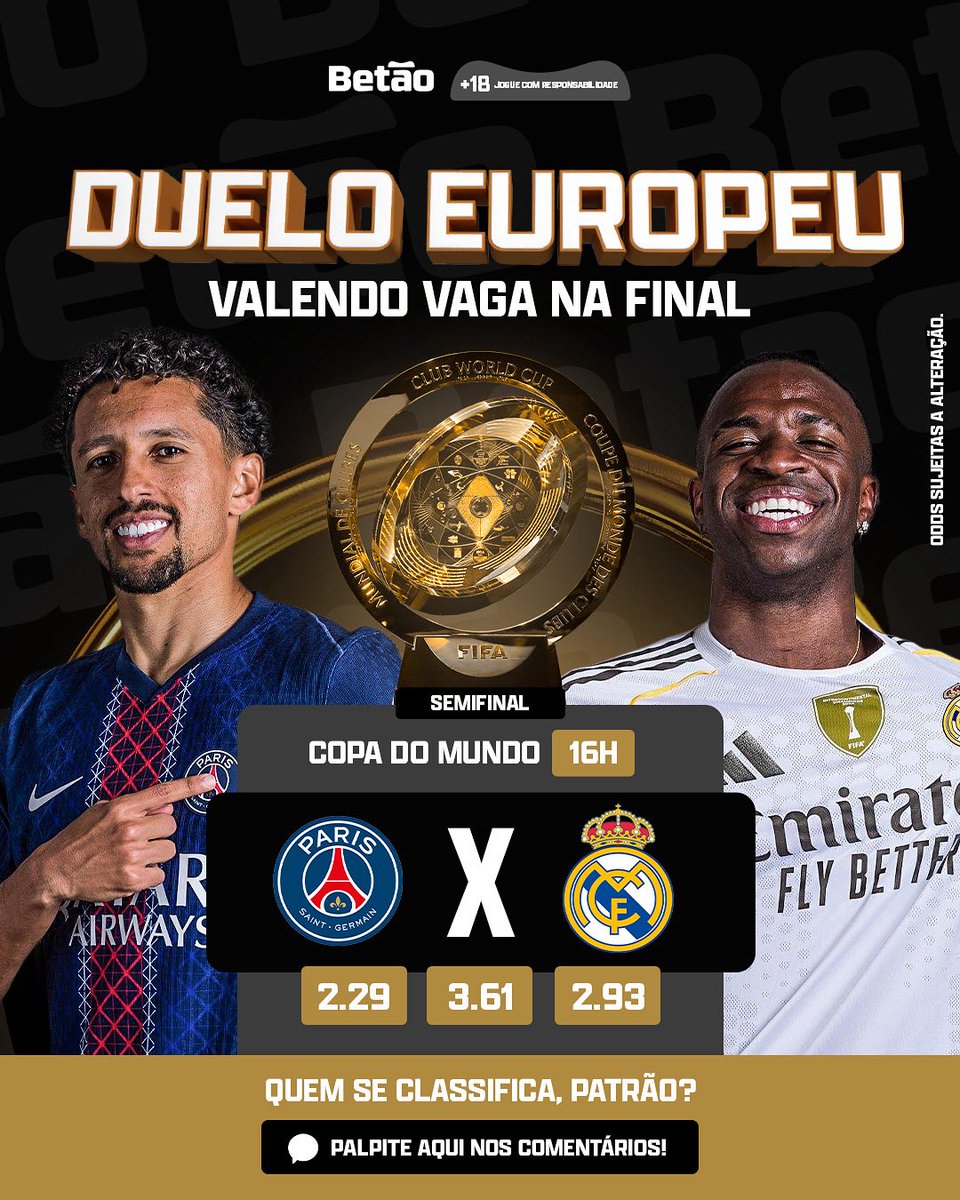 betao's tweet photo. 🤔 Quem vai pra final, Patrão?
Hoje é dia de descobrir quem será o segundo finalista deste Mundial de Clubes! PSG e Real Madrid colocam todos os craques em campo pra uma disputa imperdível! 🔥
E se tem jogão, as #SUPERODDS do Betão entram em campo junto com você! 😏 É só correr pro site e mandar a braba! 💪
Cola na MAIOR do MUNDO, Patrão! 😎
#Betão #FazUmBetão #JogoResponsável🔞