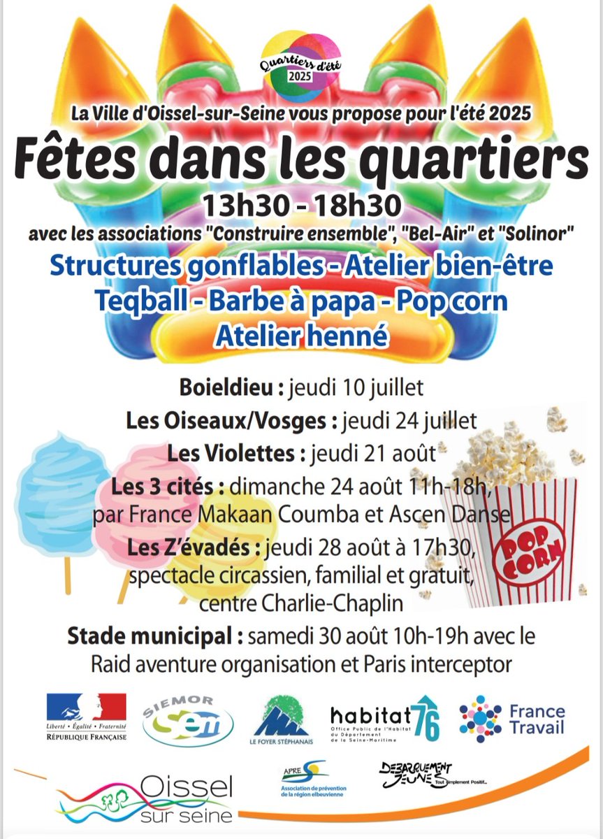 Quartiers d'été à Oissel 🎉
La Ville d'Oissel-sur-Seine propose une après-midi conviviale le jeudi 24 juillet sur le quartier des Vosges. Avec le soutien <a href="/LFStephanais/">Le Foyer Stephanais</a>