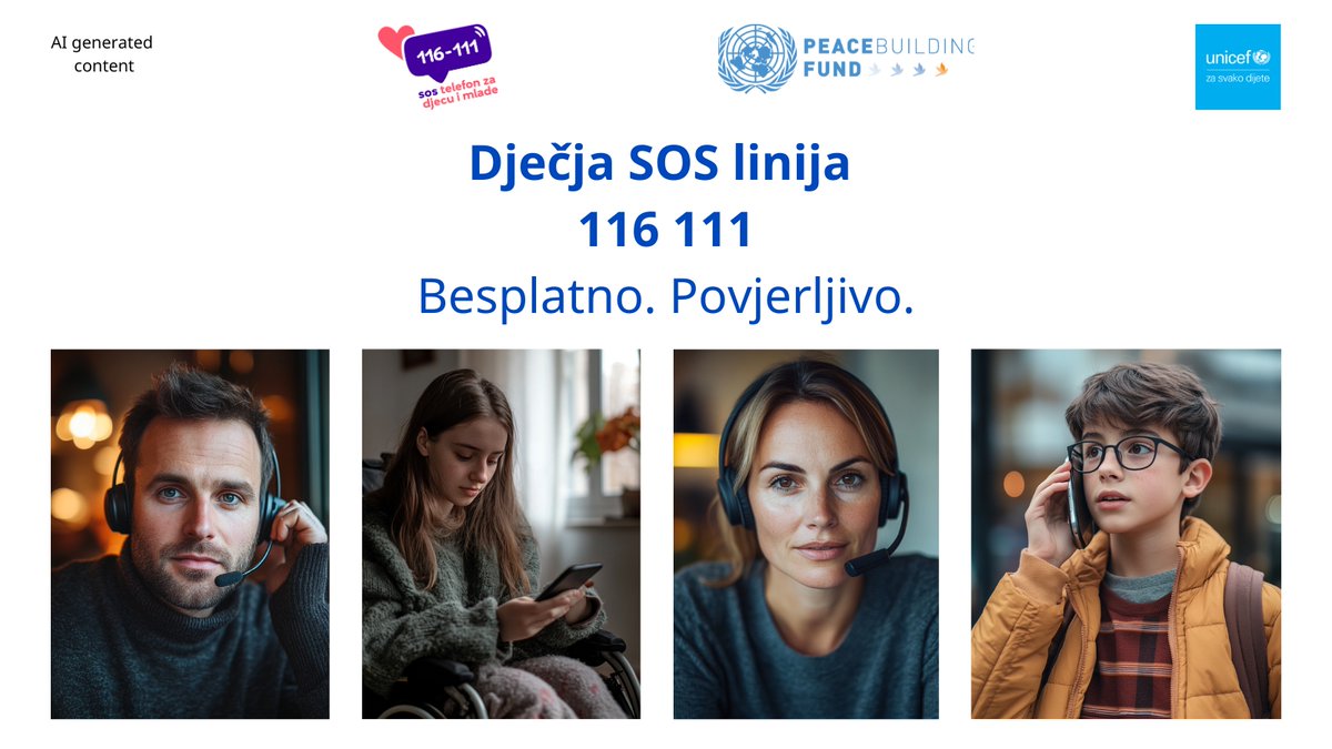 Ponekad djeci nije lako da objasne šta osjećaju. 
Nekad ne znaju kako da započnu razgovor. I to je u redu.  

Zato postoji SOS linija 116 111 – sigurno mjesto za razgovor kad god je teško.  
📞 Besplatna 
💬 Anonimna 
🕐 Dostupna svaki dan 
👂 Stručna, bezbjedna i bez osude.