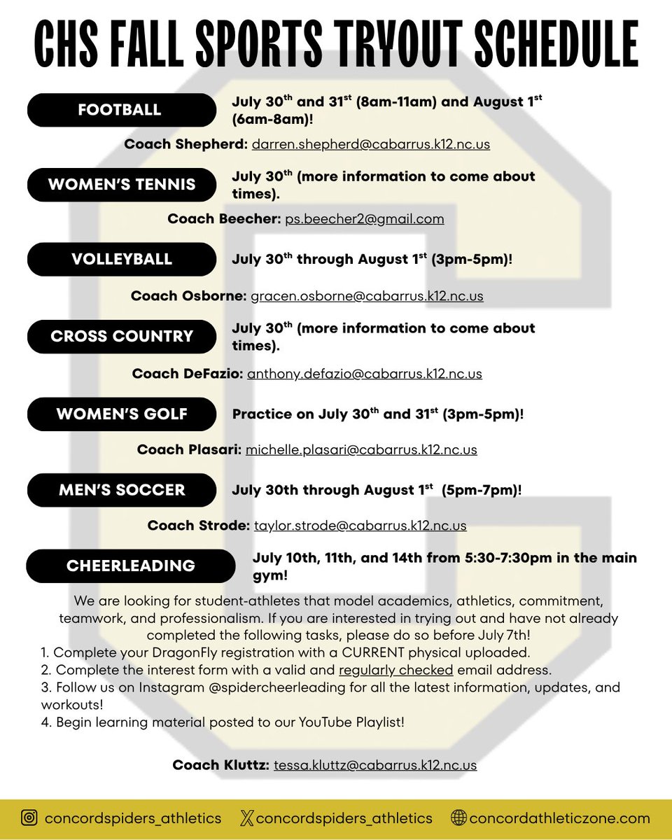 CHS Athletics (@_chsathletics) on Twitter photo CHS Fall Sports Tryout Schedule is here! Check the dates and times and contact your coach with questions.
Let’s get ready for the 2025–2026 season! 🎉 CHS Fall Sports Tryout Schedule is here! Check the dates and times and contact your coach with questions.
Let’s get ready for the 2025–2026 season! 🎉