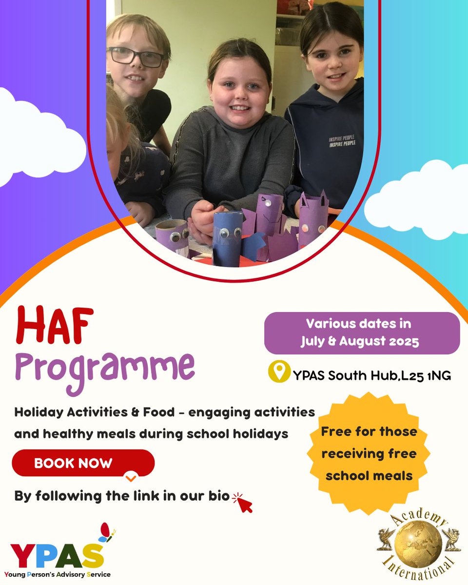 YPASLiverpool's tweet image. Book now! 📅 @A1nternational
HAF Summer Programme ☀️🖍️🥘 Holiday Activities & Food, engaging activities and healthy meals during school holidays.
📍YPAS South Hub, L25 1NG.
*Please note there will be no South Hub Summer Smarty's
#HAF #Activites #Liverpool #YoungPeople