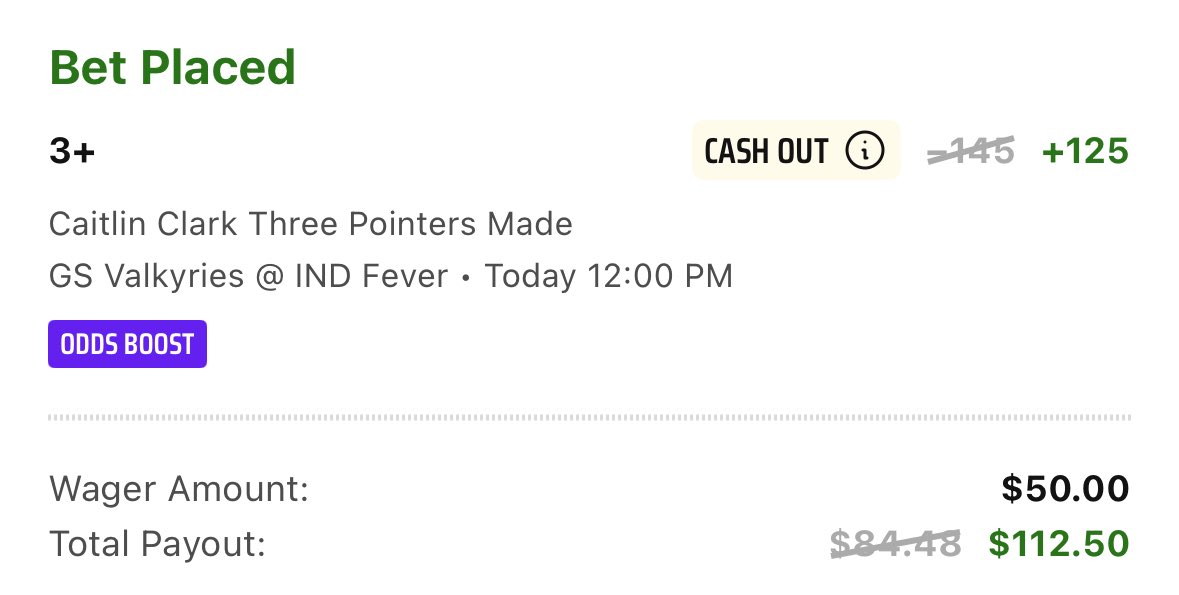 SourcedBetting's tweet image. DK 👩🏀 Super Boost:
Caitlin Clark 3+ Threes 🎯
+107 FV
8.61% EV @ +125
Good for 1.72u QK
Market loves this more than FDs 2-way Line so we’d recommend up to 2u QK