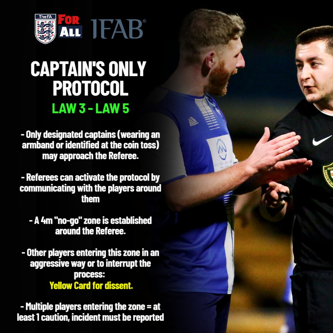 🚧 NEW: The Referee now has a 4-metre zone around them when activating the Captains Only Protocol.

💢 Aggressive approaches or interruptions = 🟨
👥 Multiple players entering = at least one caution and a report.

Let’s create a safer and more respectful environment on the pitch