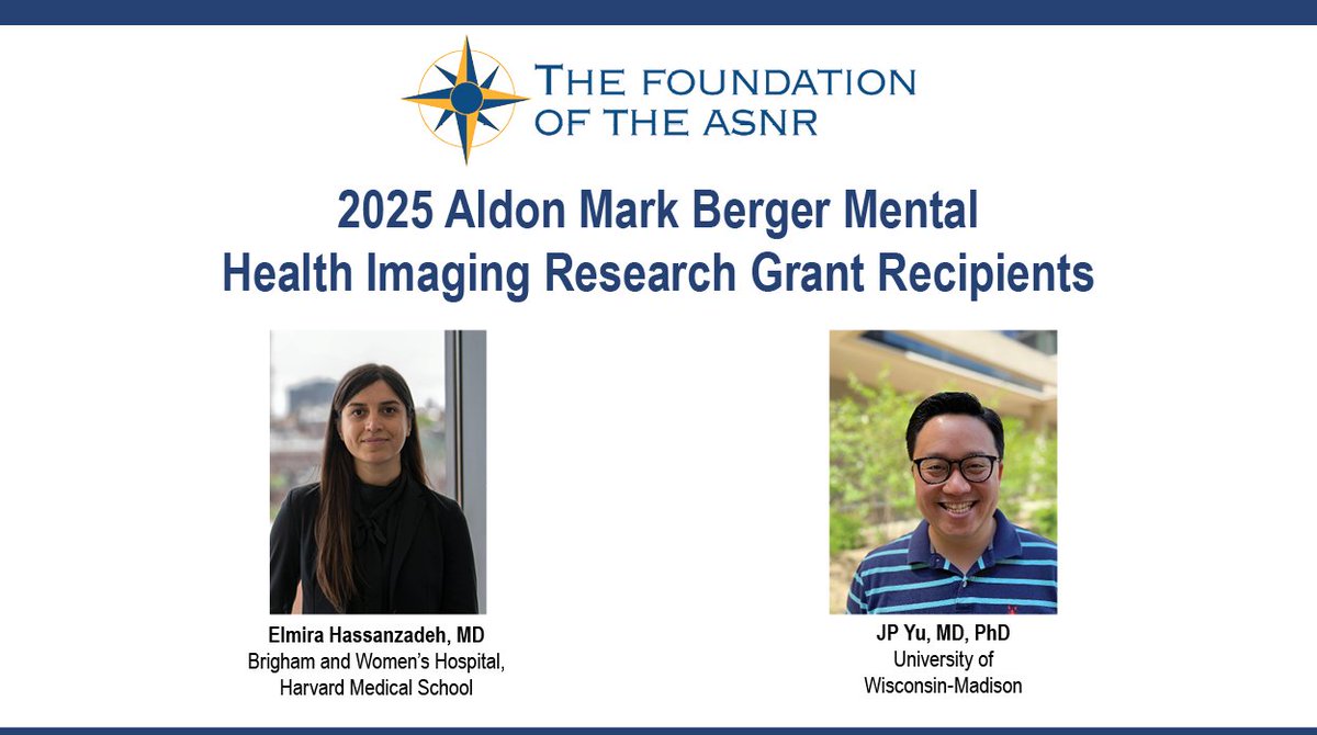 TheASNR's tweet image. Congratulations to the 2025 Aldon Mark Berger Mental Health Imaging Research Grant recipients. These recipients each receive funding for their research focused on the pathophysiological underpinnings of behavioral health and mental health disorders. More: ow.ly/lwNH50Wn2Zb