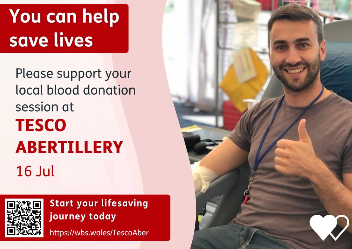 ❤ Have you ever given blood before?
The Welsh Blood Service is at Tesco Abertillery - 16th July
In under ① hour, you could save up to ③ lives by giving blood!
 📅 Make an appointment today: 🔗 wbs.wales/NSMP