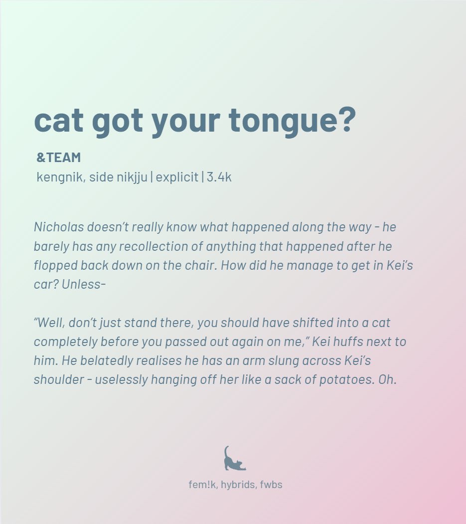 eggyeolkz's tweet photo. 🐈‍⬛cat got your tongue? 
— &amp;t, k/nc, nc/ej
— explicit | 3.4k 
— hybrids, fwb, friends to lovers, fem!k 

🔗 https://t.co/MwwdcUr7vt https://t.co/ECHgaTDn41
