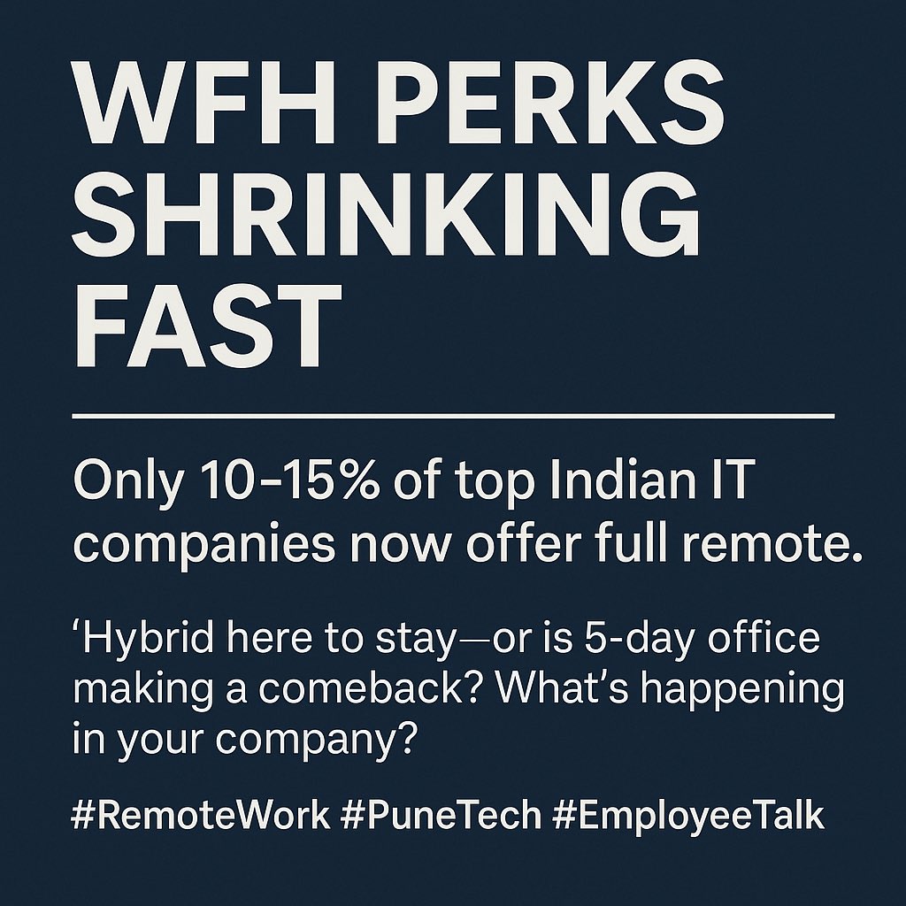 ⚠️ #WFH perks shrinking fast: Only 10–15% of top Indian IT companies now offer full remote. Is hybrid here to stay—or is 5-day office making a comeback? What’s happening in your company?
#RemoteWork #PuneTech #EmployeeTalk #ITEmployees #hybridwork