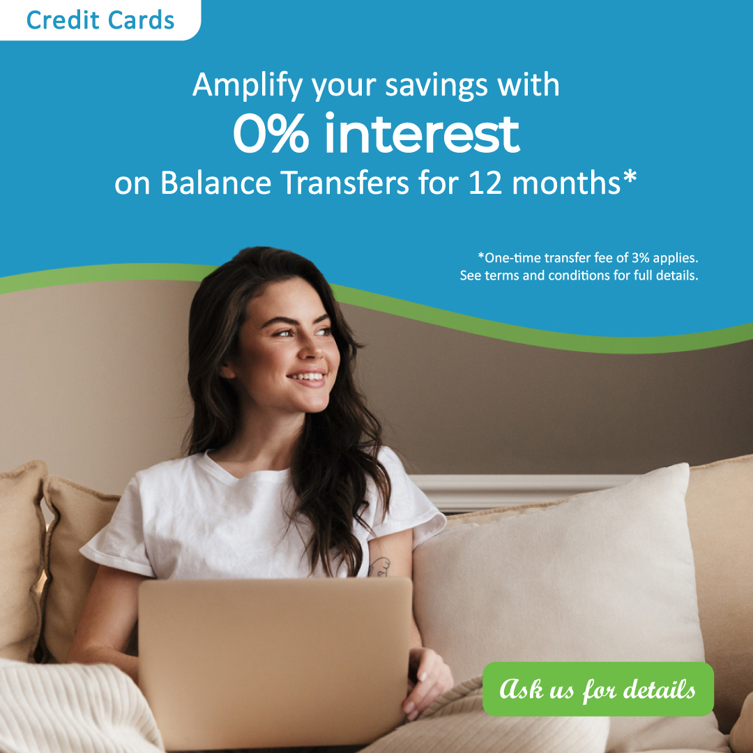 Take a break from high credit card interest rates when you transfer your balance to a Unity Credit Union credit card.  Take advantage of 0% interest for 12 months with a one-time transfer fee of 3%*.  

Learn more at UNITYCU.CA.

*Terms and conditions apply.