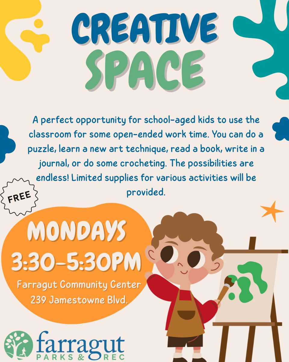 FarragutParks's tweet photo. Looking for a laid-back, creative afterschool option? Stop by Creative Space on Mondays from 3:30–5:30 PM at the Farragut Community Center! Ages 6-12 can explore art, puzzles, journaling, crochet, and more. Supplies provided while they last.

No registration needed! https://t.co/3rgGM1cFIM