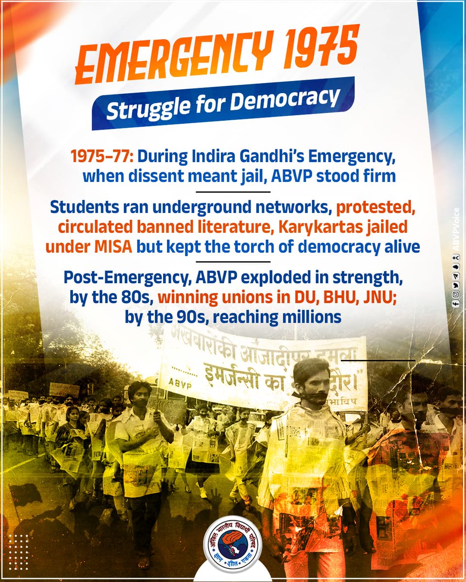 ABVPVoice's tweet photo. Not just to protest, but to serve, to unite, and to awaken cultural confidence.

77 years later, the mission continues. Today’s students are not just citizens of today, they are the heartbeat of Bharat. #77YearsOfABVP
#NationalStudentsDay https://t.co/MioAhxC3Xg