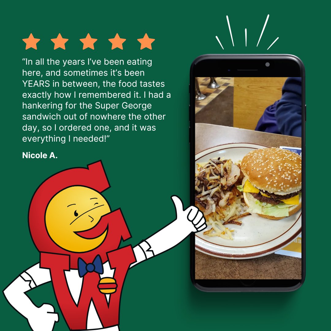 George_Webb's tweet image. For years, you've known what to expect at George Webb, from late-night cravings to solid family lunches. We're proud to be your consistent, reliable spot. Thanks for sharing a meal with us, Nicole!