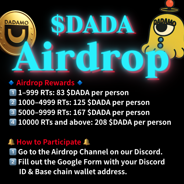 DADAMO_Base's tweet photo. 🎉 $DADA Airdrop Campaign 🎉
The more retweets the original post gets, the more DADA you’ll receive! 🎁

🔹 Airdrop Rewards 🔹
1️⃣ 1–999 RTs: 83 DADA/person
2️⃣ 1000–4999 RTs: 125 DADA/person
3️⃣ 5000–9999 RTs: 167 DADA/person
4️⃣ 10000 RTs and above: 208 DADA/person

🔔 How to Participate 🔔
1️⃣ Go to the Airdrop Channel on our Discord.
2️⃣ Fill out the Google Form with your Discord name & Base chain wallet address.
⏰ RT Period: 7/9–7/16
⏳ Discord Deadline: 7/16
🏆 Airdrop Announcement: 7/23
🚀 Distribution Starts: 8/5 (After DEX listing)

👉Join our Discord here:
https://t.co/Jc75m5Ym7G