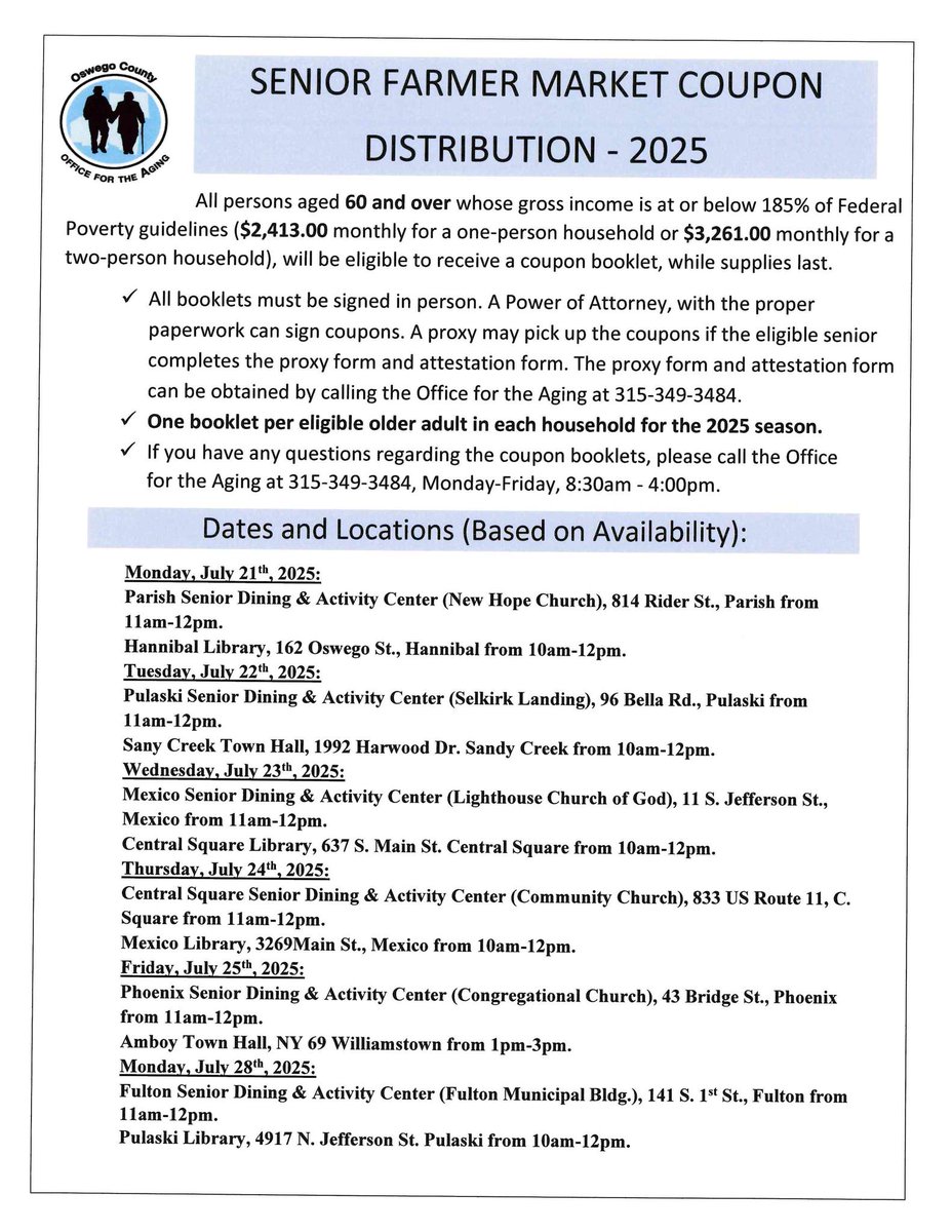 CCEOswego's tweet image. Senior Farmer Market Coupon Distribution begins next week with a drive through event in Fulton on July 15th at the Cayuga Community College parking lot!