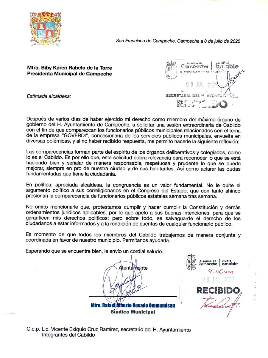 Comunicado oficial dirigido a la alcaldesa de Campeche, <a href="/bibyrabelo/">Biby Rabelo</a>,  relativo a la solicitud de comparecencia de funcionarios públicos municipales relacionados con “GOVERDI”, empresa concesionaria de los servicios públicos, implicada en diversas polémicas.