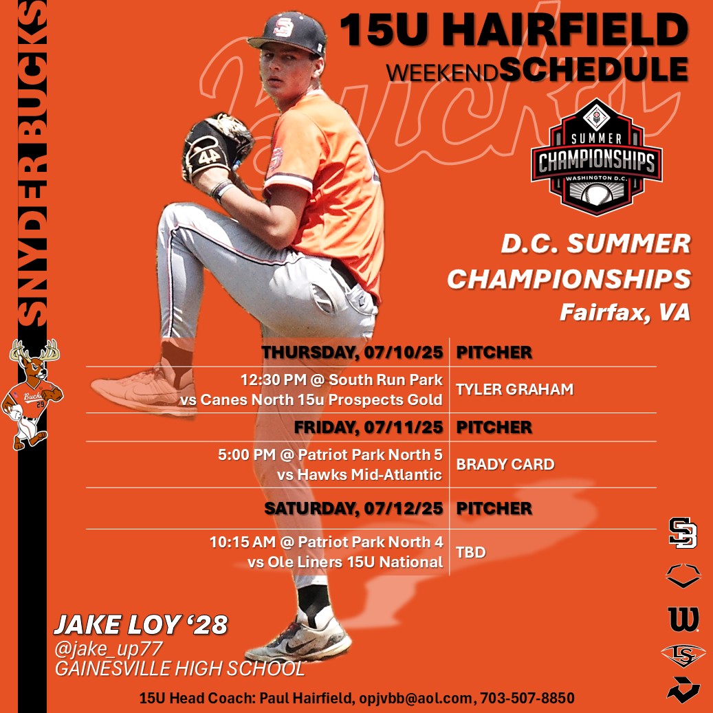 Snyder Baseball (@snyderbaseball) on Twitter photo ⚾️Snyder Bucks 15U Hairfield Schedule
The 15U team will be at the <a href="/PBRTournaments/">Prep Baseball Tournaments</a> DC Summer Championship this weekend in Fairfax, VA.
'28 Tyler Graham <a href="/TylerGraha89475/">Tyler Graham</a> gets the nod to start game 1 for the Bucks
⚾️🦌Good Luck Bucks!!!🦌⚾️ ⚾️Snyder Bucks 15U Hairfield Schedule
The 15U team will be at the <a href="/PBRTournaments/">Prep Baseball Tournaments</a> DC Summer Championship this weekend in Fairfax, VA.
'28 Tyler Graham <a href="/TylerGraha89475/">Tyler Graham</a> gets the nod to start game 1 for the Bucks
⚾️🦌Good Luck Bucks!!!🦌⚾️
