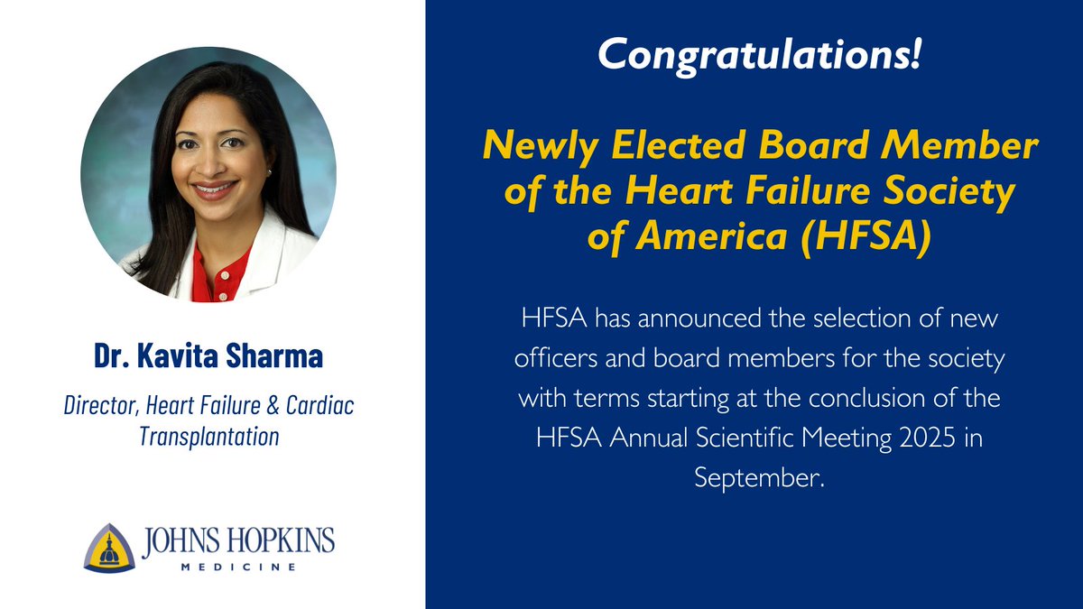 hopkinsheart's tweet image. The mission of @HFSA is to provide a platform to improve and expand heart failure care through collaboration, education, innovation, research, and advocacy. Congrats to @KSharmaMD on her election to the Board of Directors!
