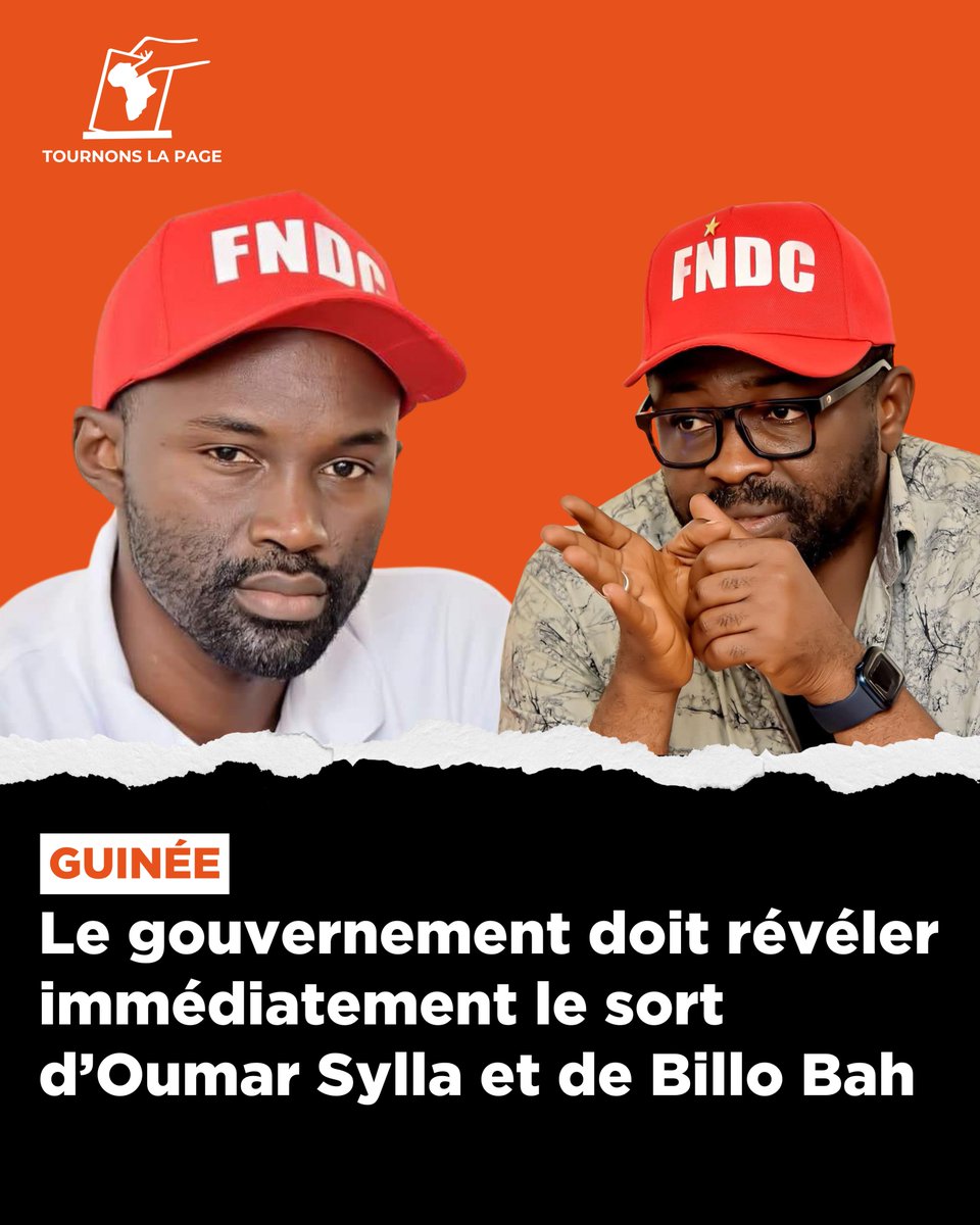 #Guinée🇬🇳: <a href="/TournonsLaPage/">Tournons La Page</a>, <a href="/ACAT_France/">ACAT-France</a> et <a href="/HRF_fr/">Human Rights Foundation en français</a> exigent du gouvernement qu'il révèle immédiatement le sort d’Oumar Sylla alias <a href="/FONIKEMENGUE/">Foniké Menguè</a> &amp; de Mamadou Billo Bah, enlevés à #Conakry, il y a exactement un an, ce 9 juillet 2025. Notre #Communiqué ➡️cutt.ly/frUbdvCd