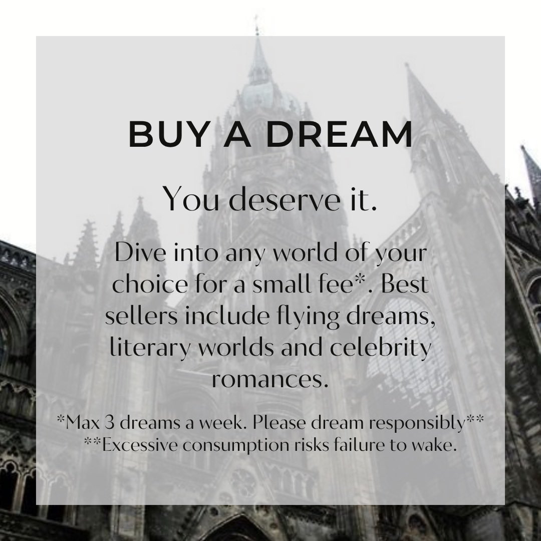 Come buy a dream*! (But not too many)
*Excessive consumption risks failure to wake* ☠️
🤯 FMC so stressed she has shadows in her head
📖 old book full of wisdom…or maybe not
🏫creepy college that doesn’t exist  
👀 weird, lots of weird 

#unhingedpit #NA #spec #Q
