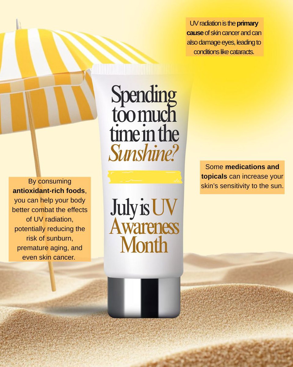 BenefitsLSB's tweet photo. July is UV Awareness Month, a great time to remind your employees about the importance of protecting their skin and eyes from harmful UV rays.☀️Don’t forget your sun protection, sunglasses, a healthy diet, and annual skin checks!☀️😎 https://t.co/Jji8RdPKri