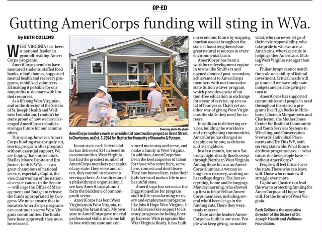 Voices4Service's tweet image. West Virginian Beth Collins shares sting of @AmeriCorps cuts in @wvgazettemail:
"What future do these programs have - what future do these people have - without AmeriCorps? @SenCapito & @JimJustice_WV can lead the way to protecting funding for @AmeriCorps and I hope they will."
