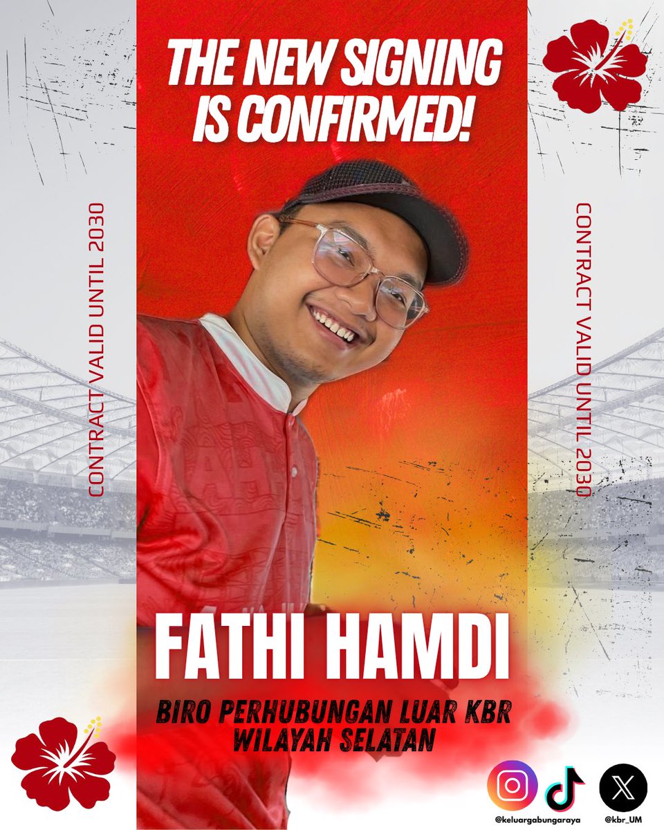 kbr_UM's tweet photo. 🚨 Official Signing Alert !
Selatan kini lebih hangat 🌺🔥

Kami dengan bangga memperkenalkan Fathi Hamdi sebagai Biro Perhubungan Luar Keluarga Bunga Raya bagi Wilayah Selatan !

Dari idea ke lapangan, dari mamak ke masyarakat. Beliau akan jadi penghubung antara alumni, aktiviti https://t.co/NHCkal1hLa