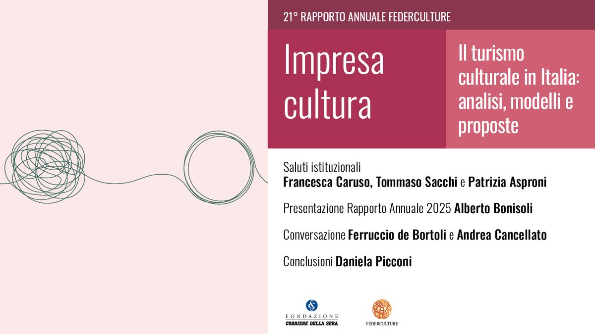 Giovedì 17 luglio, alle ore 11, in Sala Buzzati, "Impresa cultura", un incontro realizzato con <a href="/Federculture/">Federculture</a>.
Con Francesca Caruso, <a href="/TommasoSacchi/">Tommaso Sacchi</a>, <a href="/PAsproni/">patrizia asproni</a>, <a href="/BonisoliAlberto/">Alberto Bonisoli</a>, <a href="/DeBortoliF/">Ferruccio de Bortoli</a>, Andrea Cancellato, Daniela Picconi.
Prenotati qui: fondazionecorriere.corriere.it/iniziative/imp…

<a href="/GangemiNews/">Gangemi in libreria</a>