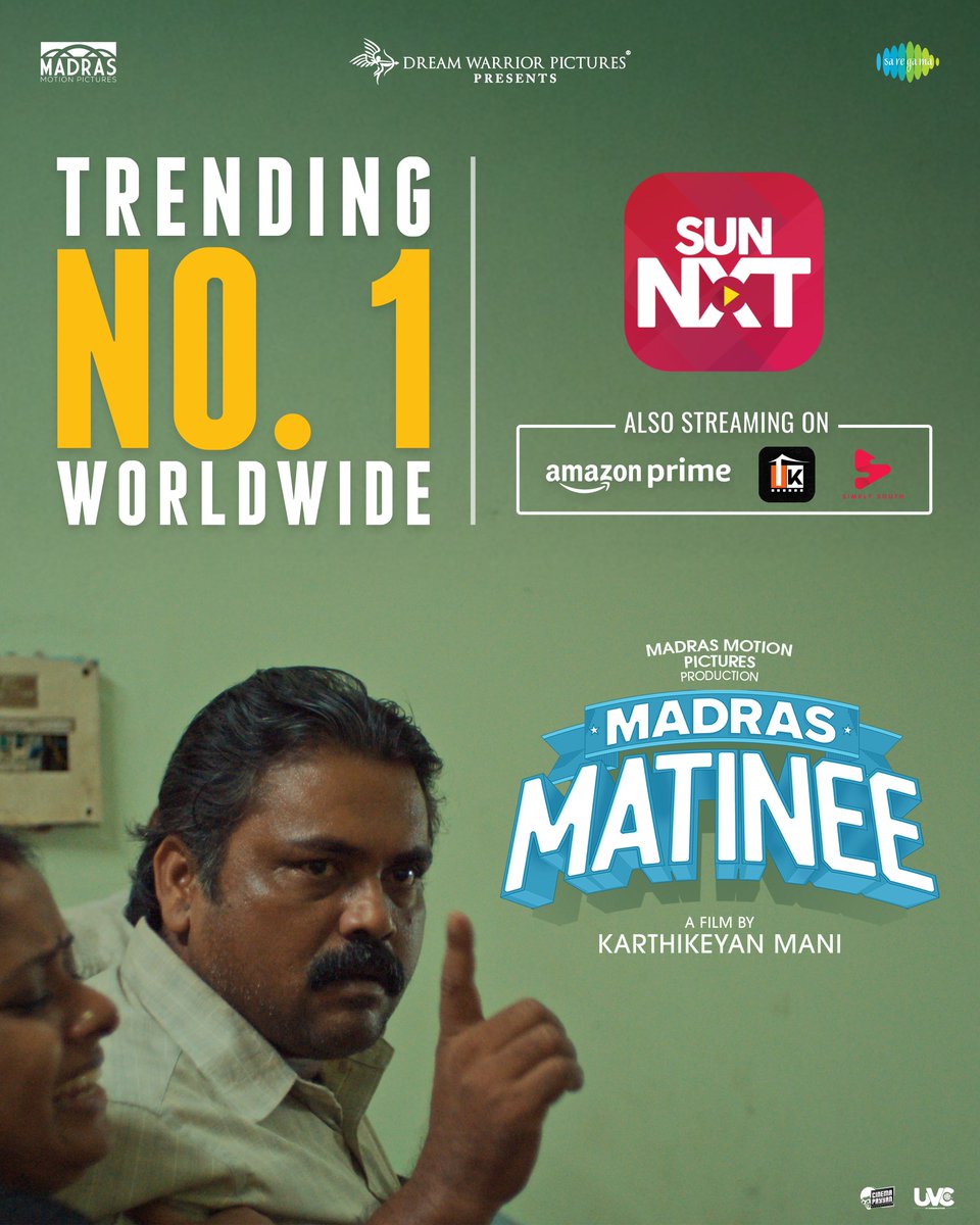 Madras Motion Pictures (@madrasmotionpic) on Twitter photo There’s no stopping #MadrasMatinee!
Now the #1 trending movie on <a href="/sunnxt/">SUN NXT</a>! 🔥🎬
Even on OTT platforms, it’s having a massive run and winning hearts all around! ❤️✌🏻
Streaming now on <a href="/PrimeVideoIN/">prime video IN</a> - <a href="/Tentkotta/">Tentkotta</a> & <a href="/SimplySouthApp/">Simply South</a>
<a href="/keyanmk/">keyanmk</a> - directorial 💫
@dreamwarriorpic There’s no stopping #MadrasMatinee!
Now the #1 trending movie on <a href="/sunnxt/">SUN NXT</a>! 🔥🎬
Even on OTT platforms, it’s having a massive run and winning hearts all around! ❤️✌🏻
Streaming now on <a href="/PrimeVideoIN/">prime video IN</a> - <a href="/Tentkotta/">Tentkotta</a> & <a href="/SimplySouthApp/">Simply South</a>
<a href="/keyanmk/">keyanmk</a> - directorial 💫
@dreamwarriorpic