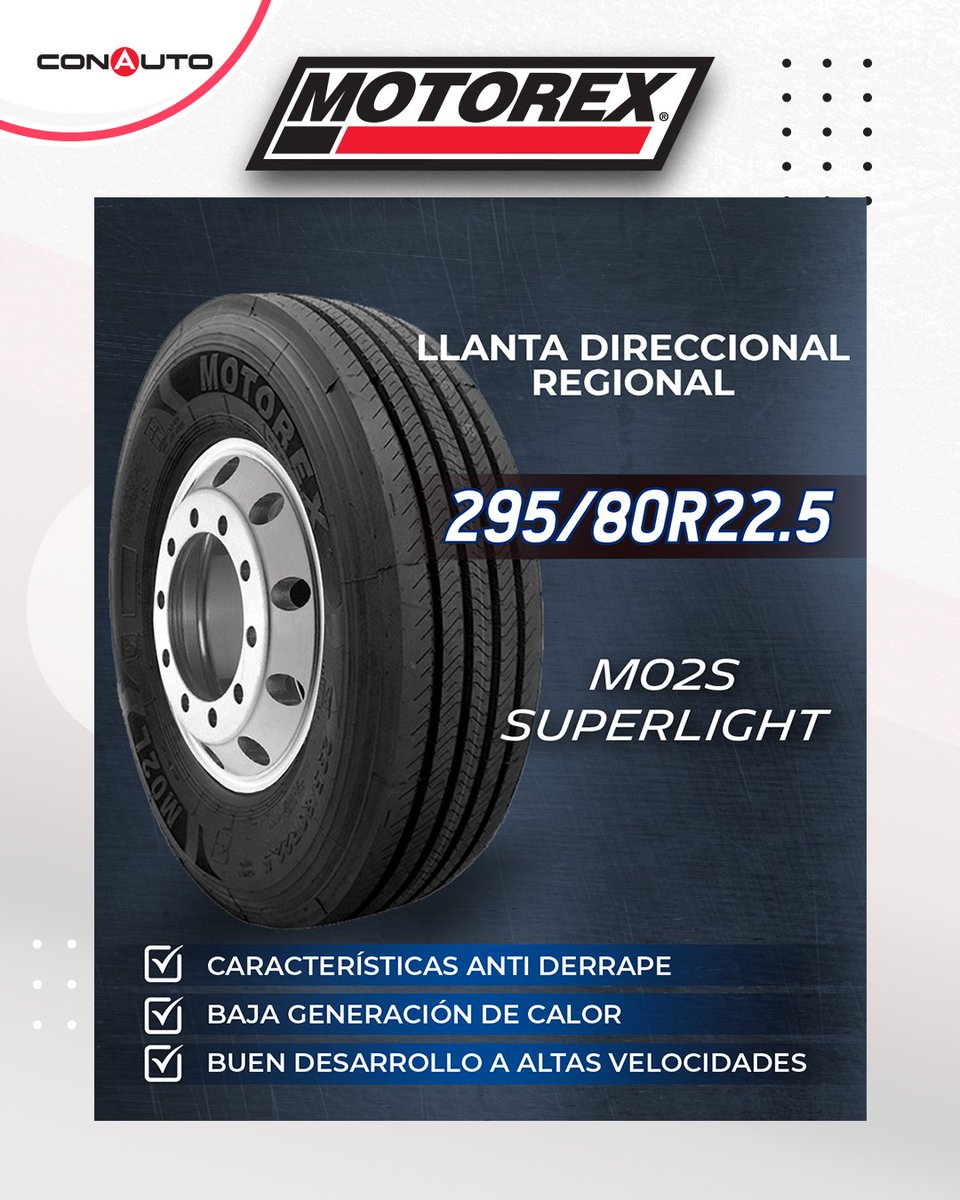 🛞 Motorex MO2S Superlight 295/80R22.5
Llanta direccional para transporte regional:
✅ Anti-derrape
✅ Menor calor
✅ Gran desempeño a alta velocidad
Potencia, control y durabilidad. #Motorex #MO2S #TransporteSeguro #ConautoTuSocio