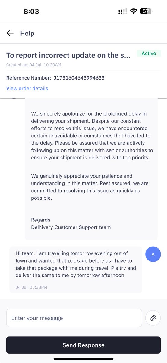mohanaditya's tweet photo. being harrased by the employees and softwares of @delhivery @help_delhivery @DelhiveryVictim . App is showing active conversation with agent in which my messages are not getting delivered. No active message since 4th July. Package # 28712911066811. Reference # J1751604645994633 https://t.co/8PG5gtq6E5