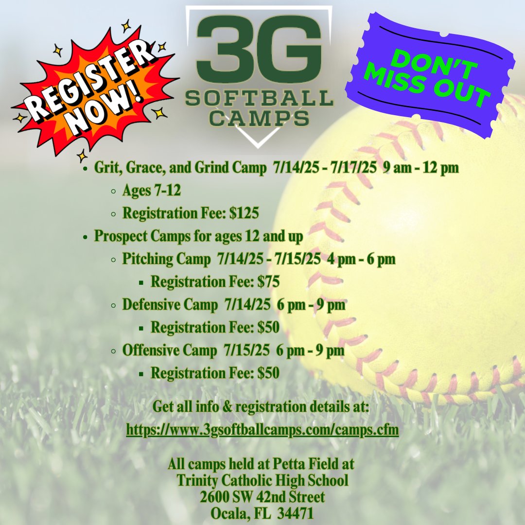 There's still time to register for 3G Softball Camps being held at Trinity Catholic High School, but don't wait! Get all information and registration details today at 3gsoftballcamps.com/camps.cfm. Don't miss out! #gritgracegrind