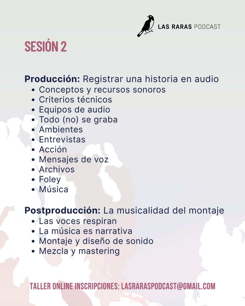 lasraraspodcast's tweet photo. ¡Lanzamos taller online!

Para celebrar nuestros 10 años haremos una versión online de nuestro taller “Cómo crear tu propia serie documental sonora”.

¡Para amantes del podcast documental, no se necesita preparación previa!

Inscríbanse: lasraraspodcast@gmail.com <3

Info aquí 👇 https://t.co/TTl106InNr