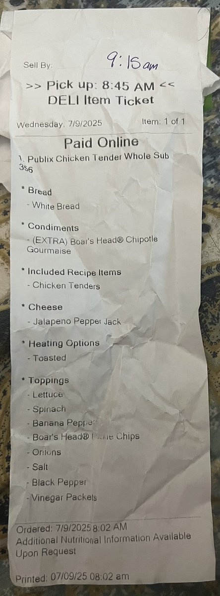 yessymom's tweet photo. @Publix @PublixHelps when you place an order for a tender sub at 8:02  pick up time is promised at 8:45 and store decided to change it for 9:15 but ended up making them at 10:00am.  If there’s no availability at that time why to accept the order? https://t.co/6CgUyWkmvs