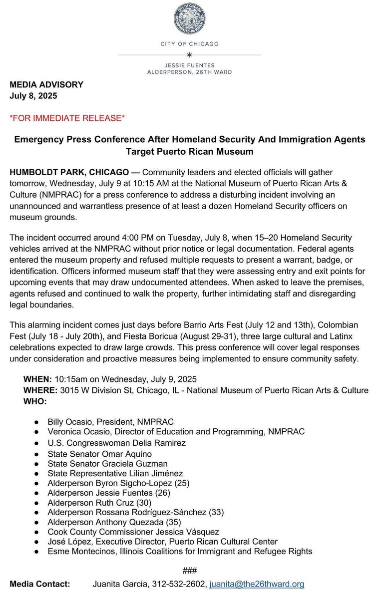 We thought our members should be aware of this disturbing incident in which DHS descended on the National Museum of Puerto Rican Arts &amp; Culture, without warrants or reasons. Thank you <a href="/DeliaRamirezIL/">Delia Ramirez</a> and other local and state officials for responding. #AILAStandsWithImmigrants