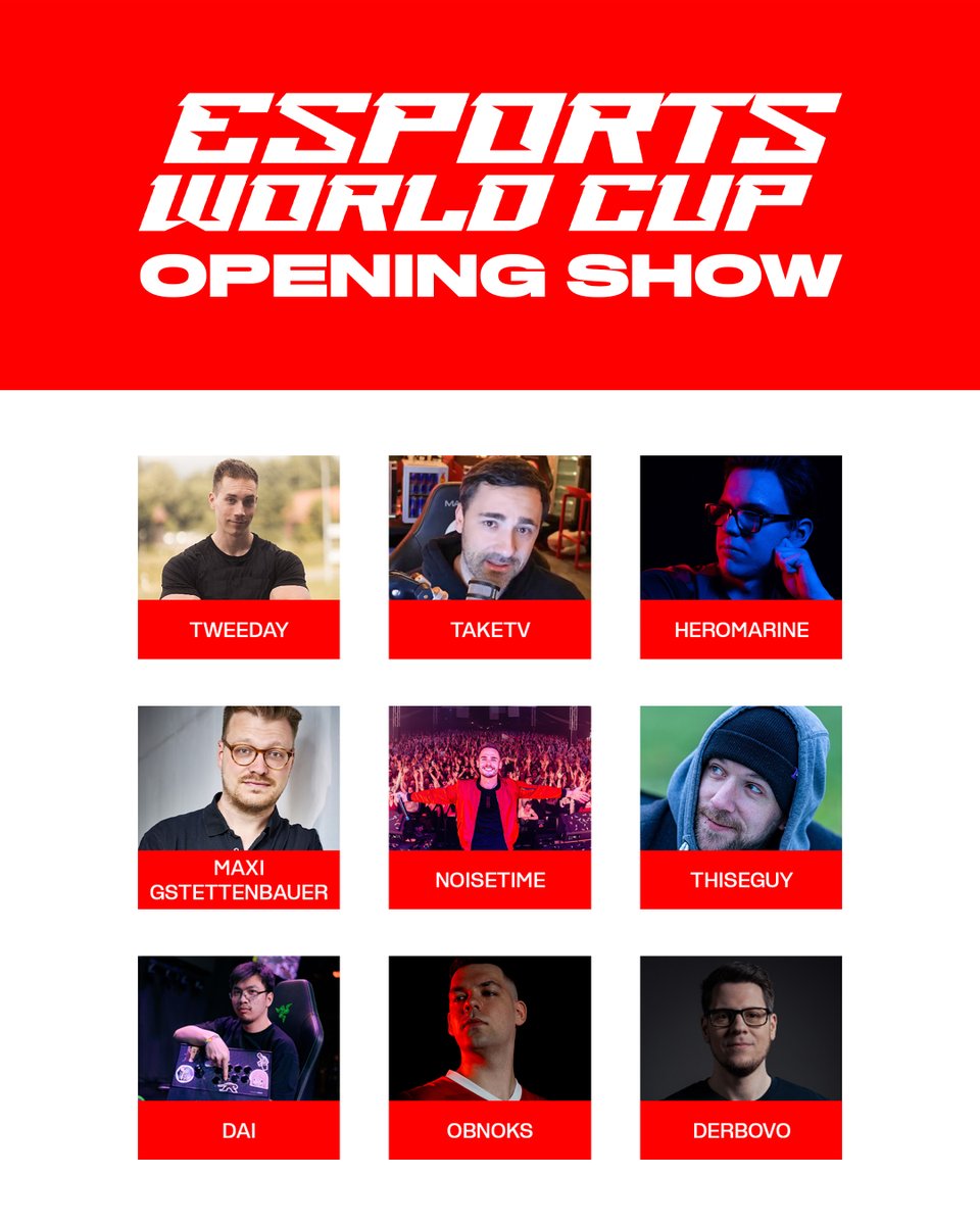 Wir starten morgen mit der offiziellen Eröffnungszeremonie der #EWC2025 mit einem besonderen Livestream.

Mit dabei sind Persönlichkeiten aus Esports und Entertainment:

• Counter-Strike Content Creator Tweeday
• StarCraft Profi HeroMarine
• VALORANT Profi Obnoks
• Fighting