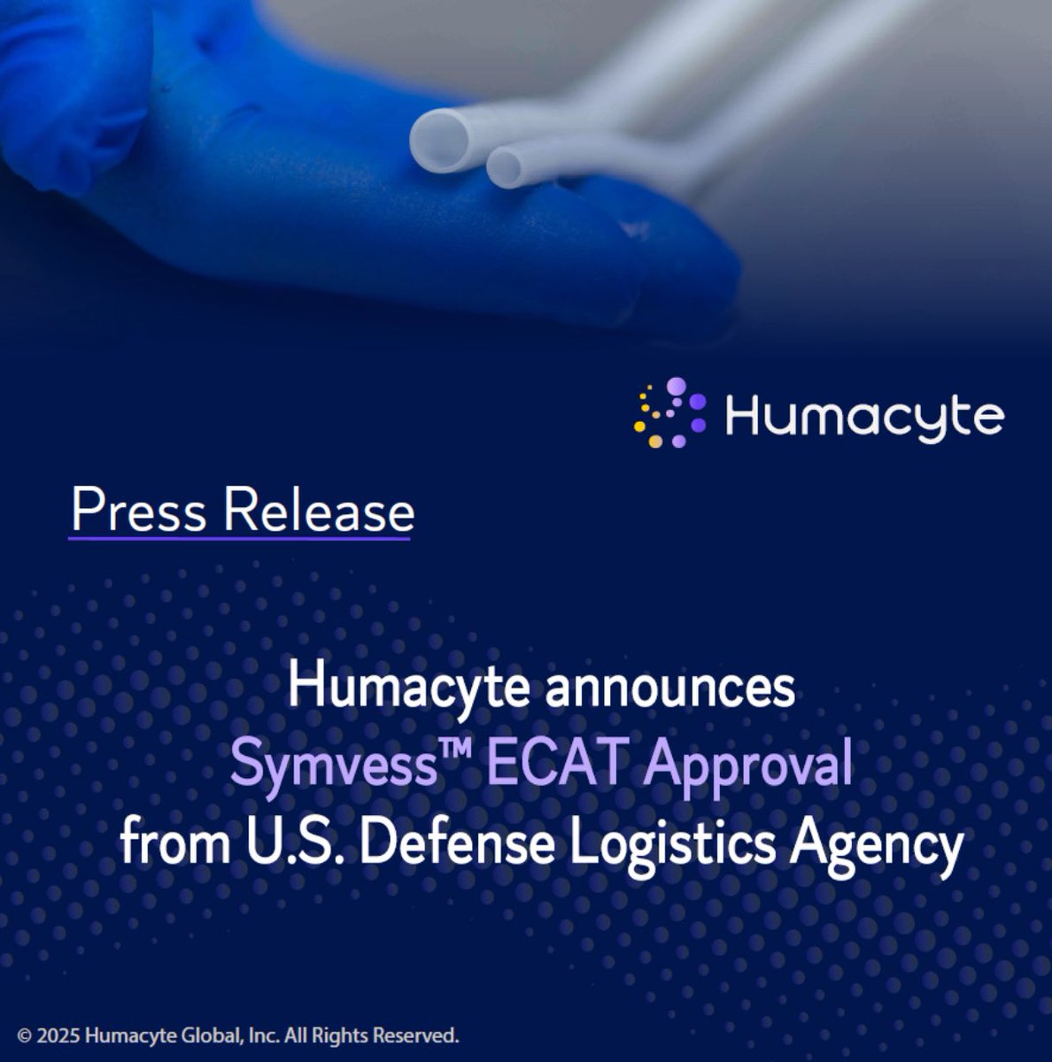 humacyte's tweet image. Humacyte has just announced that Symvess™ has been awarded Electronic Catalog (ECAT) listing approval from the U.S. Defense Logistics Agency, which makes Symvess available to healthcare professionals at U.S. Department of Defense and U.S. Department of Veterans Affairs…