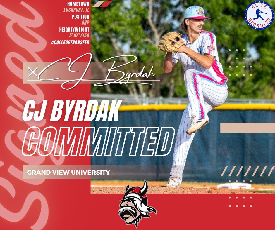 Elite Recruits (@eliterecruits_) on Twitter photo Congratulations to this special young man.
CJ Byrdak has committed to
Grand View University to continue his academic and athletic career.
A RHP from Illinois CJ has been with us on the <a href="/beachboysbsb/">Boca Beach Boys</a> and is high quality in everything he does. The type of guy you want in your Congratulations to this special young man.
CJ Byrdak has committed to
Grand View University to continue his academic and athletic career.
A RHP from Illinois CJ has been with us on the <a href="/beachboysbsb/">Boca Beach Boys</a> and is high quality in everything he does. The type of guy you want in your