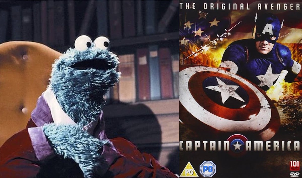 f_CookieMonster's tweet image. Cookie Monster movie review: Captain America (1990)
Just in time for five dayz after Forth of July!
From direktor of Kickboxer 4: De Aggressor and Nemesis III: Prey Harder and producer of Breakin’ 2: Elektrik Boogaloo and Super IV: Quest for Peace (uh oh) come Captain America,…
