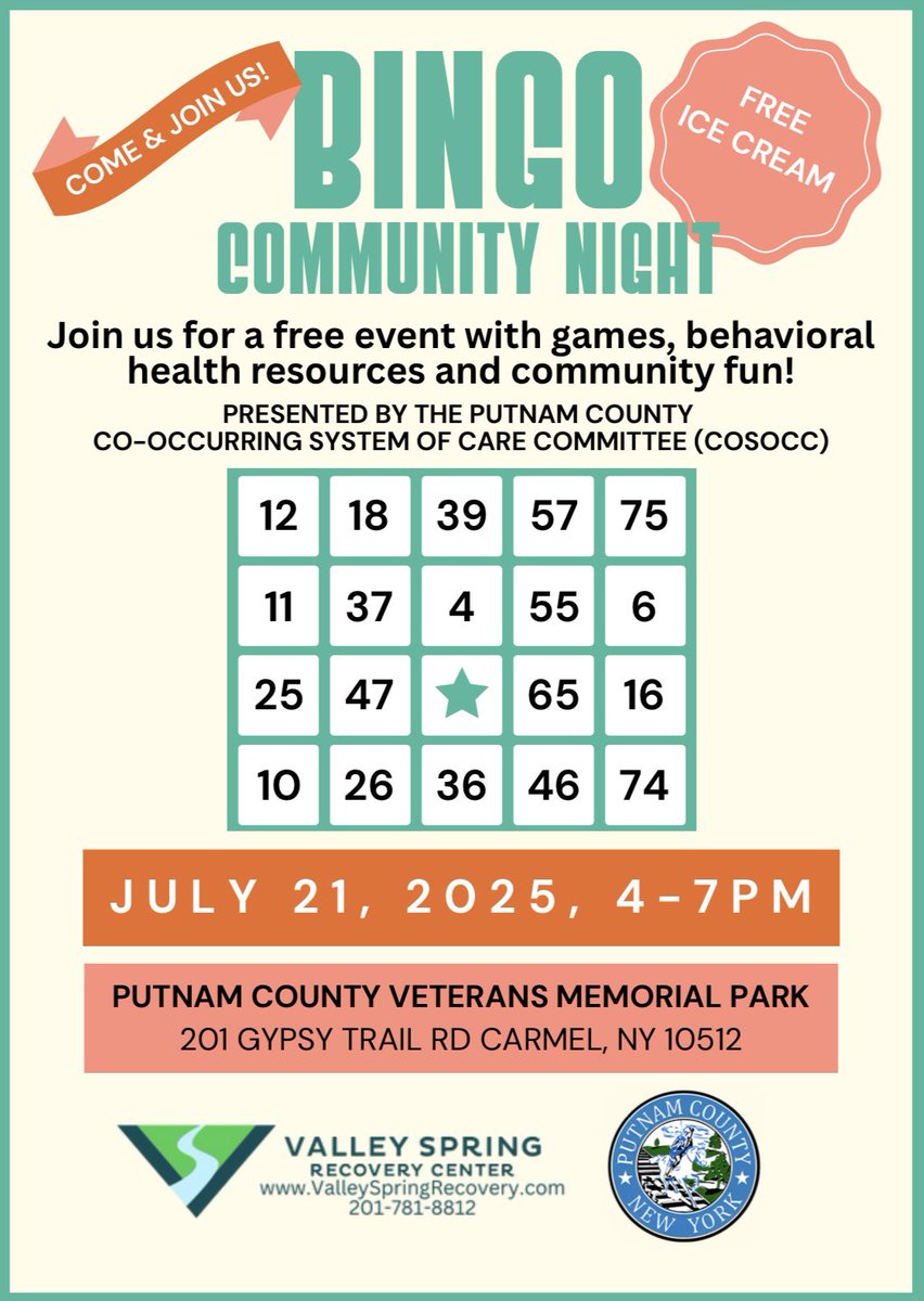 🎉 BINGO COMMUNITY NIGHT! 🎉
Let’s get together for a FREE night of fun and games, while also learning about behavioral health resources — and yes, FREE ICE CREAM! 🍦
📅 Date: July 21, 2025
🕓 Time: 4–7 PM
📍 Location: Putnam County Veterans Memorial Park