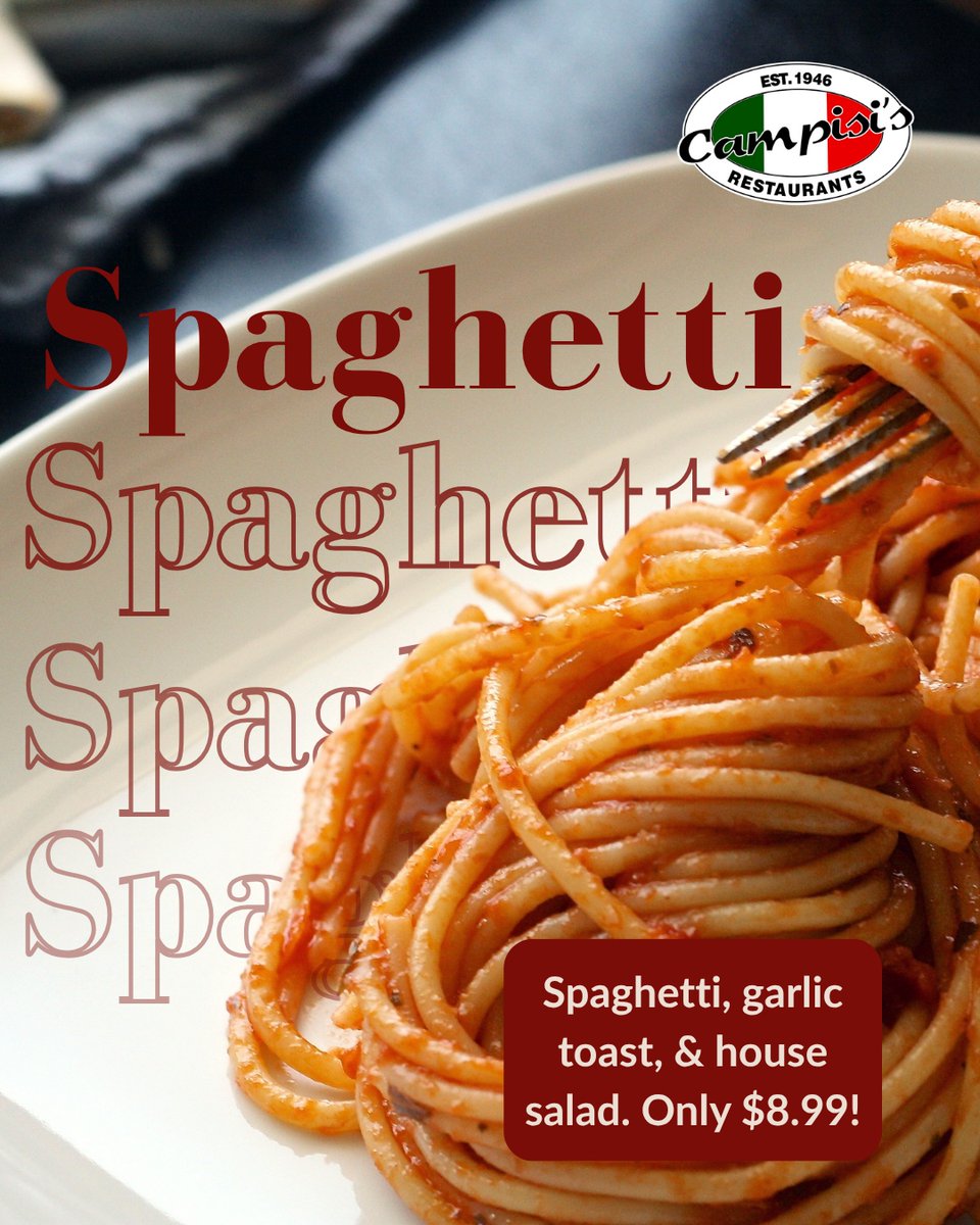 Did you know Spaghetti Tuesday means an entire meal for only $8.99?  Grab a table at Campisi’s every Tuesday to enjoy a hearty plate of Spaghetti, Joe’s Famous Garlic Toast, and a House Salad for only $8.99! The perfect deal! #SpaghettiTuesday #Campisis #CampisisPizza