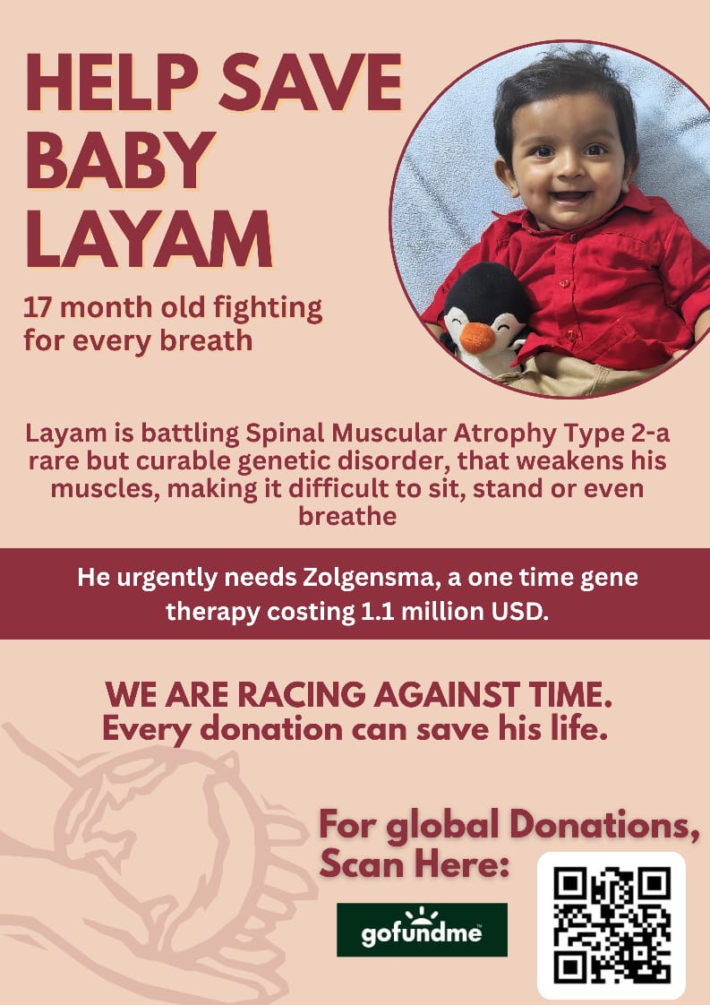 Layam_SMA2's tweet photo. 💔 Help us save 17-month-old Layam who is battling SMA Type 2 — a rare but curable disease. He needs $1.1M gene therapy urgently.

Please amplify this. Every share could reach the angel who can save him.

📲 Scan the QR in the poster to donate
#savelayam #zolgensmaforlayam https://t.co/DKFxfqd3VR