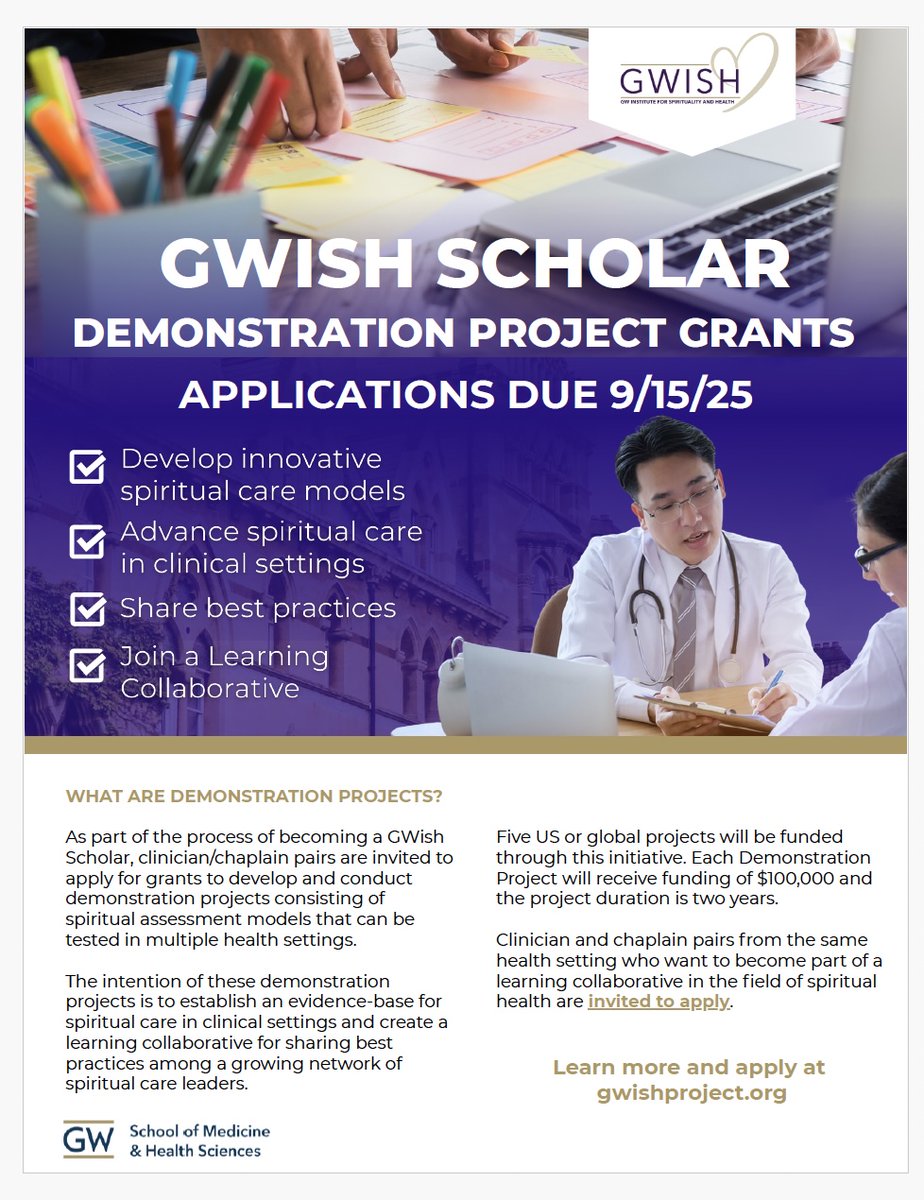 Funding opportunity with <a href="/caringatgwish/">GWish</a> 
for demonstration projects with interprofessional spiritual care clinical models that can be tested in multiple health settings. Encourage intern'l applications. Info webinars 16 &amp; 18 July.  Apps due September 15 gwishproject.org