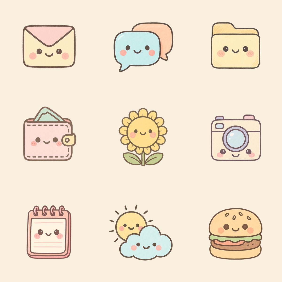 Kawaii icons with GPT-4o.

PROMPT:
Create a kawaii-style icon of [OBJECT]. Use soft pastel colors, round and friendly shapes, and add a cute smiling face with blush cheeks to the icon. Outline all elements with clean, slightly dark lines for contrast. Make the icon appear