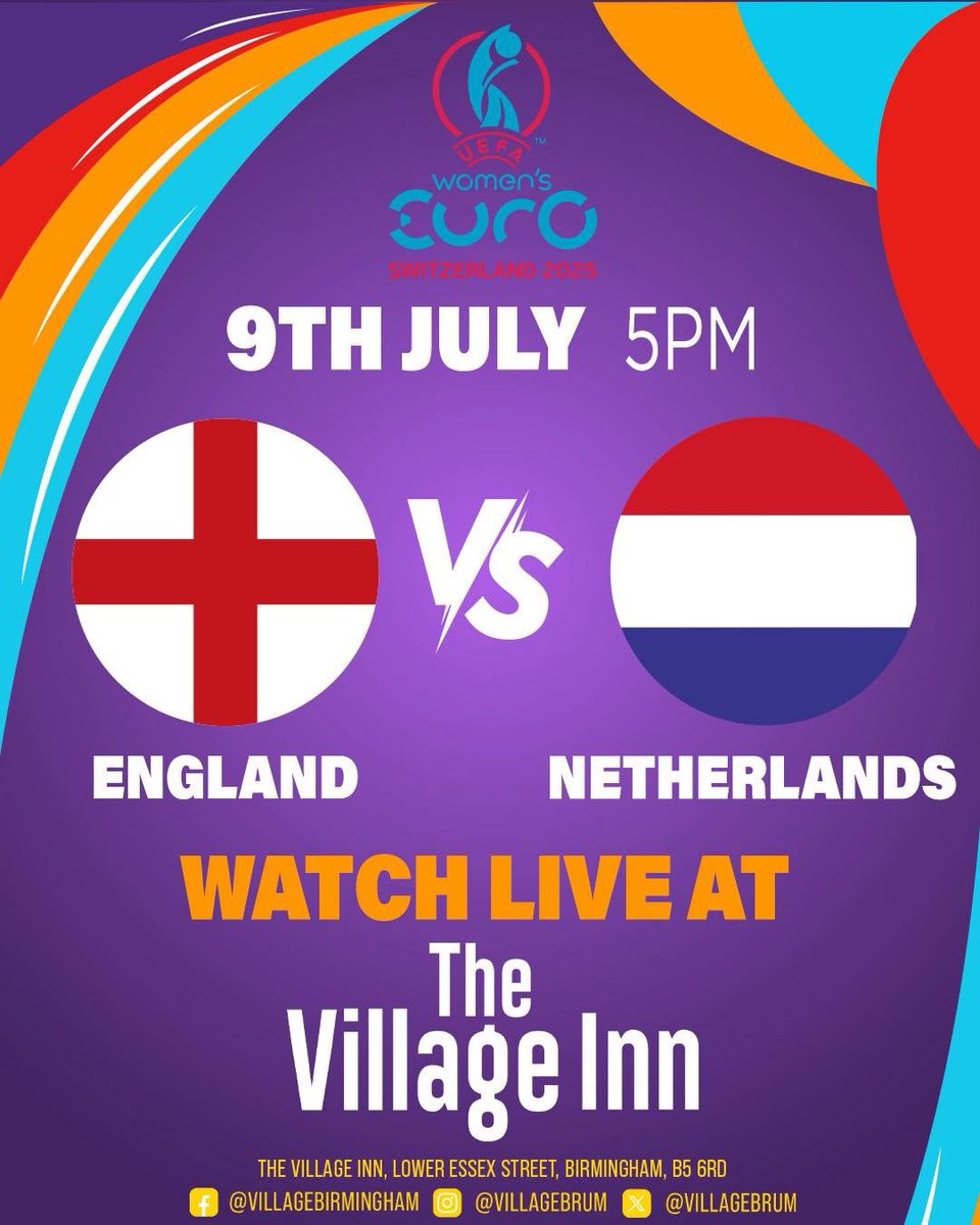 VillageBrum's tweet image. THREE LIONS ROAR AGAIN 🏴 🏴 🏴
The women’s euros is back this evening LIVE on the BIG screen here at the Village! ⚽️
TONIGHT it’s England 🏴 v Netherlands 🇳🇱
⏰ Kick off 5pm