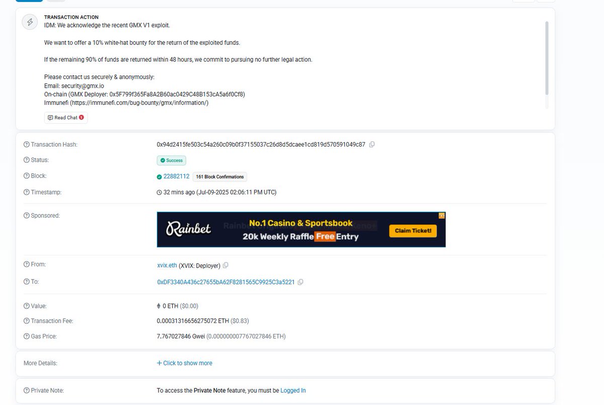 The <a href="/GMX_IO/">GMX 🫐</a> team have offered a 10% white-hat bounty after the recent exploit of $42 million.

etherscan.io/tx/0x94d2415fe…