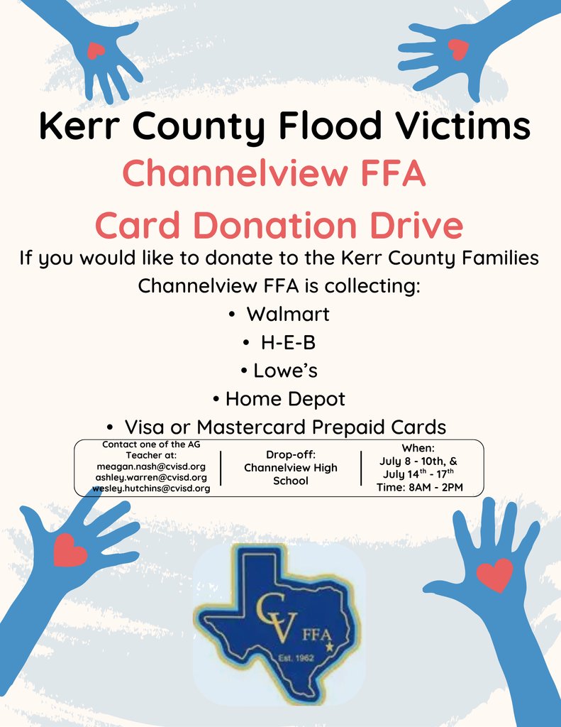 ChannelviewISD's tweet image. Kerr County Flood Victims
Channelview FFA
Card Donation Drive