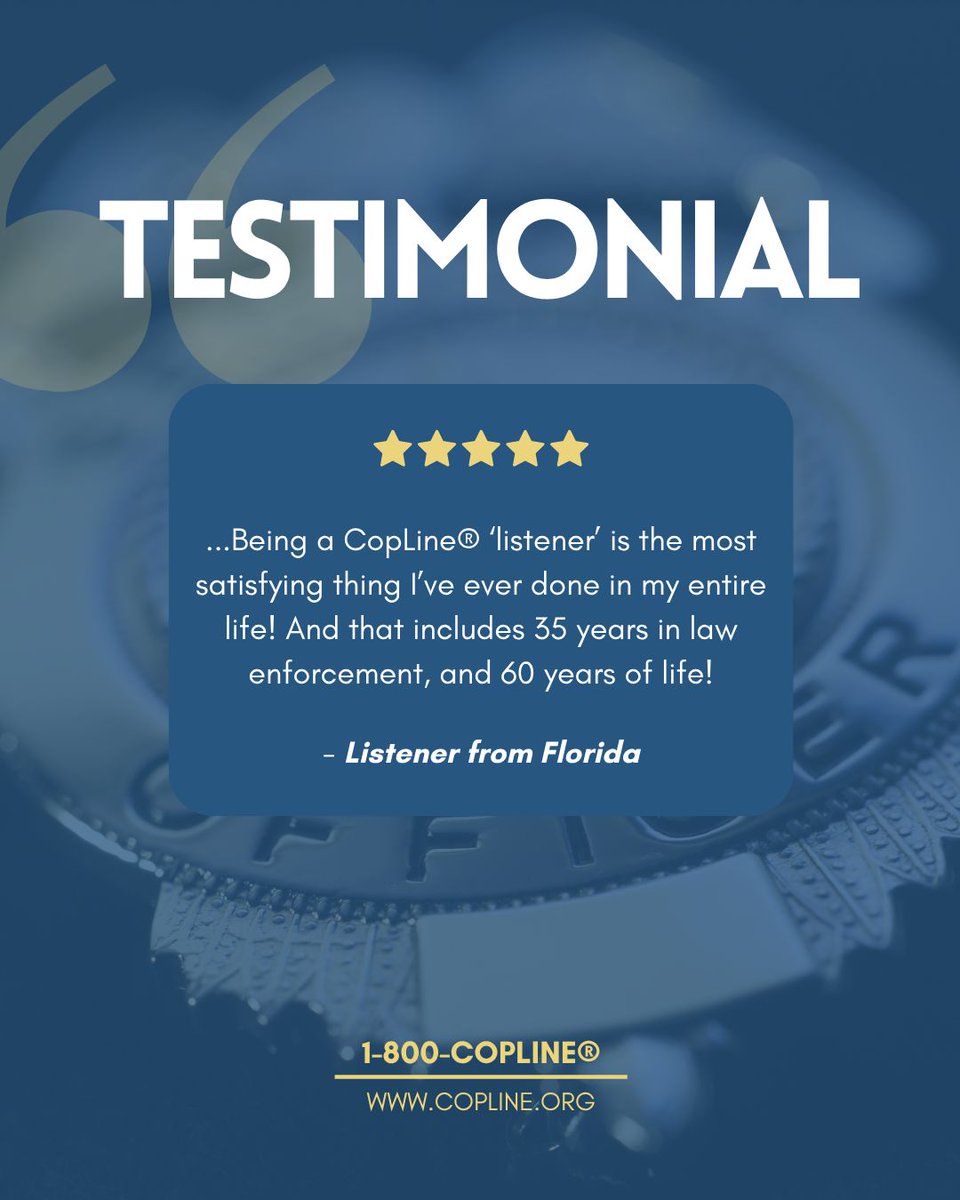 Every call answered by CopLine® is met with the voice of someone who gets it. All of our active listeners are retired officers—men and women who’ve walked the line, worn the badge, and still choose to serve, one conversation at a time.

📞1-800-COPLINE | 100% confidential | 24/7