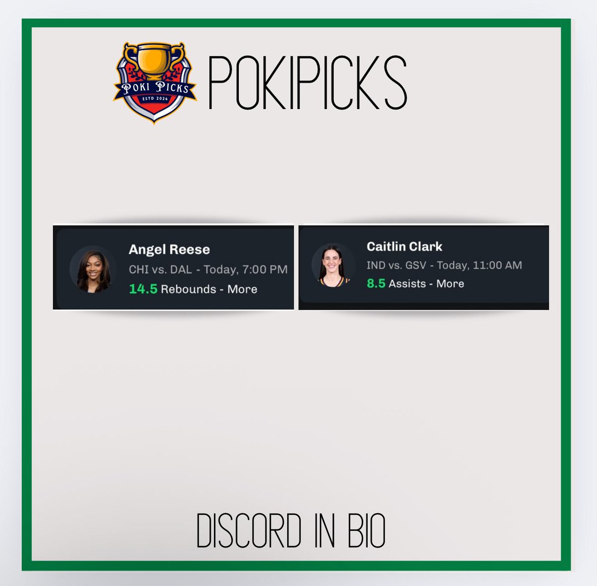July 9th #WNBA Player Props⛹️‍♀️

Caitlin Clark o 8.5 Assist 
(-104)

Angel Reese o 14.5 Rebounds
(-110)

Extra Free Plays In Discord👀

Drop a ❤️ if you’re tailing!!!!

#GamblingTwitter #GamblingX #dfs #PrizePicks #fanduel #draftkings         #PlayerProps #basketball #sleeper