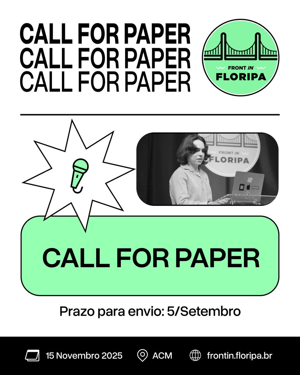 🎙️ CALL FOR PAPER

Que tal palestrar no Front in Floripa 2025?

Estamos com nosso Call For Paper aberto! Então aproveite e envie sua proposta de talk ✨

➡️ frontin.floripa.br